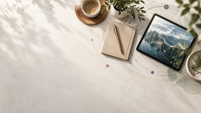 Modern digital nomad workspace with tablet displaying landscape mountain map overlay concept