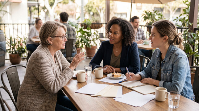 Three women of diverse ages and ethnicities collaborate on a project at an outdoor cafe table