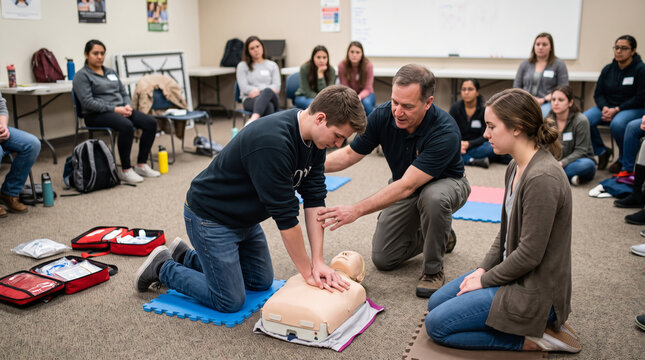 CPR training class with instructor guiding student on manikin chest compressions