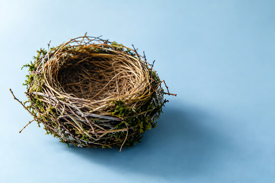 A small, empty bird nest made of dry twigs and green moss, resting on a plain, solid light blue background, with soft shadows, and natural textures
