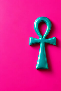 A smooth, teal-colored ankh symbol, representing life, centered on a vibrant, solid hot pink background, creating a bold and colorful visual contrast