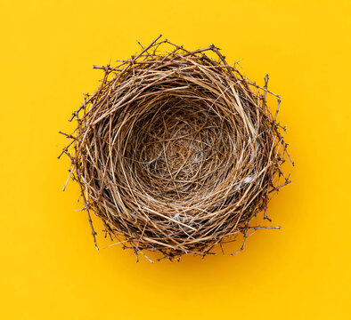A top-down view of an empty bird nest constructed from thin, dry twigs and branches, centered on a vibrant, solid yellow background, with soft light