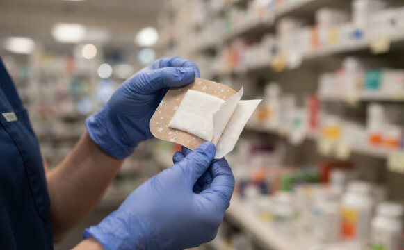 Pharmacist wearing blue gloves holding a large bandage in a pharmacy store representing medical supplies and first aid care