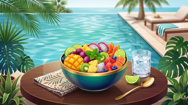 A vibrant colorful fruit salad and a cool drink sit poolside overlooking a stunning ocean paradise view
