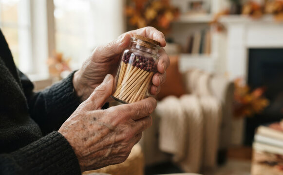 Elderly man holding a glass jar filled with wooden matches in a cozy living room representing care