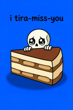 Tiramisu cake pun illustration with sad skull peeking over slice