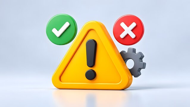 Yellow Warning Sign with Exclamation Mark Flanked by Checkmark Crossmark and Gear Icons for System Error Management