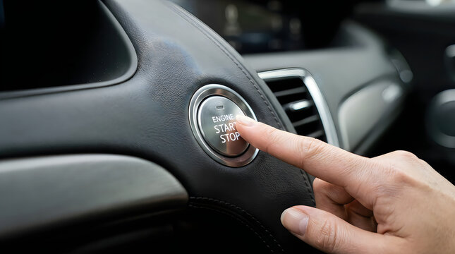 Close up of finger pressing engine start stop button in vehicle dashboard with push button