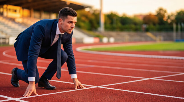 businessman sprinter on track ready to sprint at golden hour motivational success leadership and business speed concept for corporate marketing ads