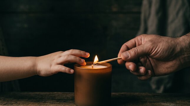 Adult lighting candle with match while child reaches hand out