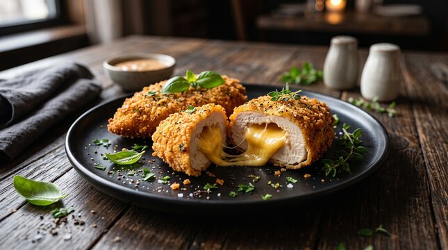 Golden brown chicken cordon bleu with melted cheese oozing out on a rustic table