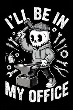 Cartoon skull blacksmith working at anvil in workshop