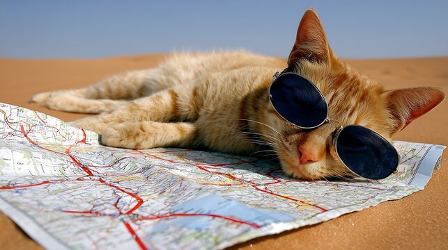 Orange tabby cat wearing sunglasses lying on a road map in the desert