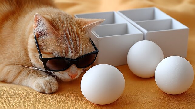 Ginger cat in sunglasses lying beside white eggs and boxes