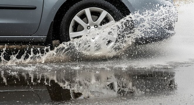 Car tire splashing through a puddle with dramatic water spray