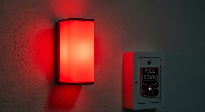 Red emergency alarm light and pull station on a dark textured wall