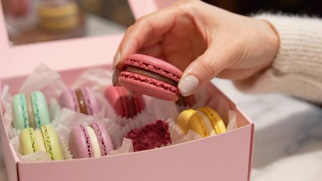 Taking macarons from a box at a cafe in Paris
