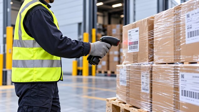Pekerja Gudang Memindai Barcode pada Tumpukan Kotak Kardus dengan Pemindai Genggam