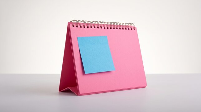A blank pink desk calendar with a blue sticky note