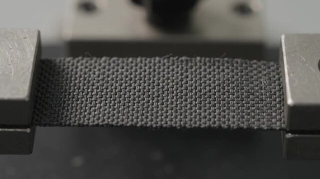 Textile tensile strength testing machine pulls and stretches a durable woven fabric strap clamped tightly between metallic grips during an industrial quality control laboratory experiment in this deta