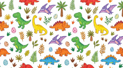 Seamless pattern with colorful dinosaurs and palm trees for kids fabric and wrapping paper design © Toro
