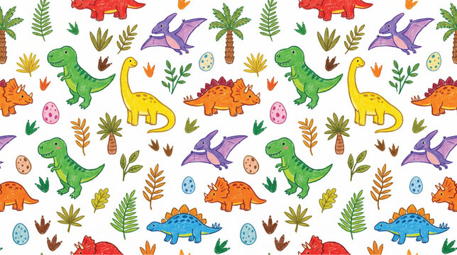 Seamless pattern with colorful dinosaurs and palm trees for kids fabric and wrapping paper design
