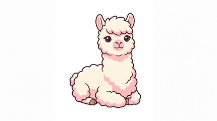 Fototapeta premium Adorable fluffy white llama sitting illustration, cute cartoon alpaca sticker icon vector on white background