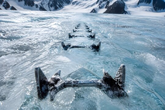 Crampons crossing a glacier ice field with steel points glazed with meltwater