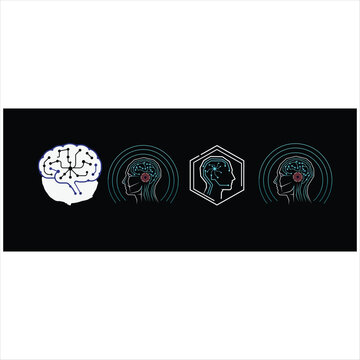 Four stylized human heads with circuit brains and wave patterns