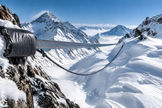 Alpine highline webbing rigged across snowy mountain pass at high elevation