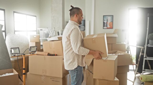 Man holding cardboard box with one hand on hip amid stacked moving boxes in a studio filled with packing materials and work lights; determination relocation.