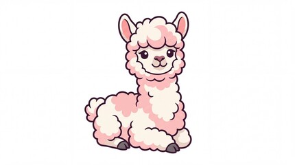 Fototapeta premium Adorable fluffy pink alpaca sitting down, cute cartoon llama sticker design isolated on white background for nursery decor and children art