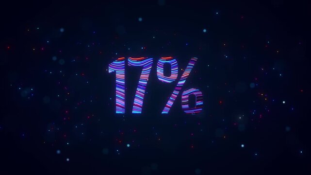 3D animation of futuristic 17 percent typography featuring rotating colorful blue and purple flowing lines, glowing particles, luminous bokeh, and vibrant digital energy against dark background.