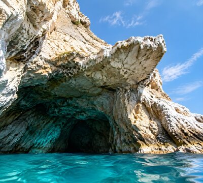 Cliff diving ledge at the mouth of a sea cave above turquoise water