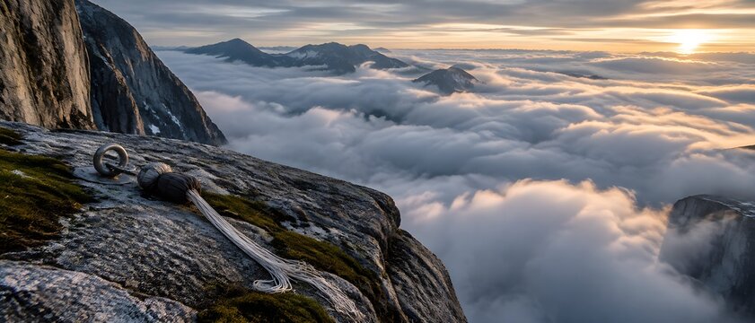 Base jump exit ledge at granite lip above cloud sea with fixed anchor ring and packed pilot chute
