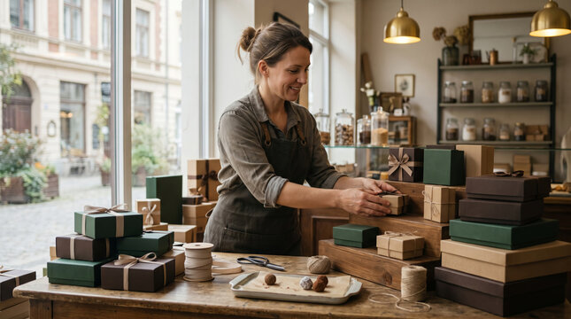 Smiling shopkeeper arranging gift boxes in a charming boutique with a street view