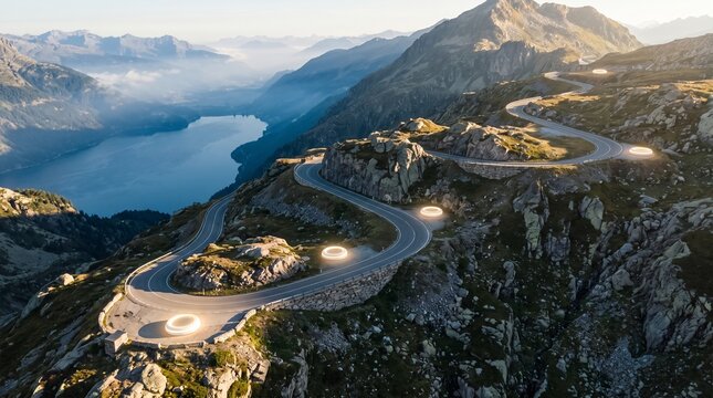 "Mountain road journey concept with winding route toward alpine summit representing strategic progress, long term goals, direction, and growth"