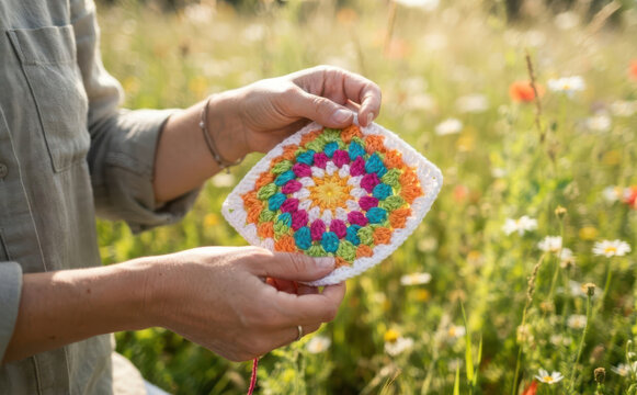 Woman hands holding colorful crochet granny square in summer wildflower meadow outdoors