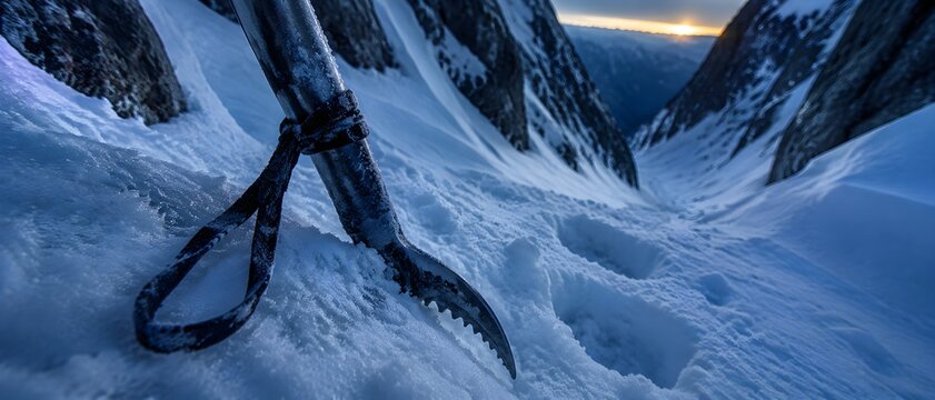 Ice axe driven to head in steep snow couloir with leash loop frozen