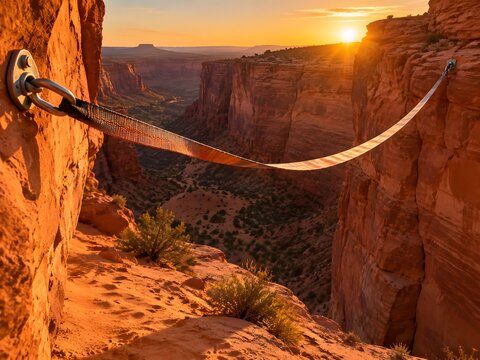 Slackline tape strung across red sandstone canyon with woven webbing sagging