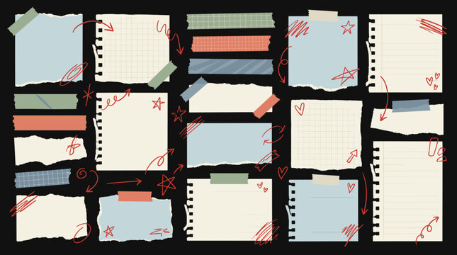 A collection of torn paper notes, washi tape pieces, and red doodle accents on a dark background.