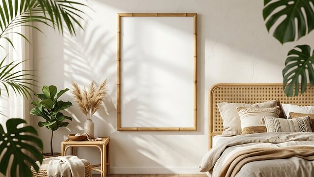 Vertical blank wooden picture frame mockup hanging on white wall in a cozy boho style bedroom interior with rattan furniture, tropical plant shadows, and warm natural morning sunlight.