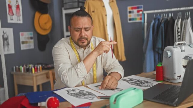 Man dressmaker sketching clothing designs with pencil and laptop, measuring tape around neck, sewing machine on table in studio; concentration creativity craft.