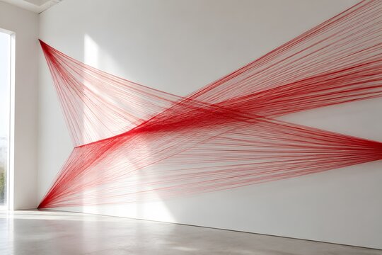 Abstract Red Thread Installation in Minimal White Interior