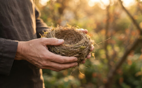 Middle aged Caucasian man holding an empty bird nest in hands in a nature setting representing new beginnings and care