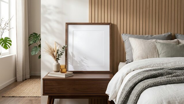 Blank square wooden picture frame mockup leaning on a dark wood nightstand in a bright, modern, minimalist bedroom interior with soft sunlight shadows, monstera plant, and cozy bedding textiles.