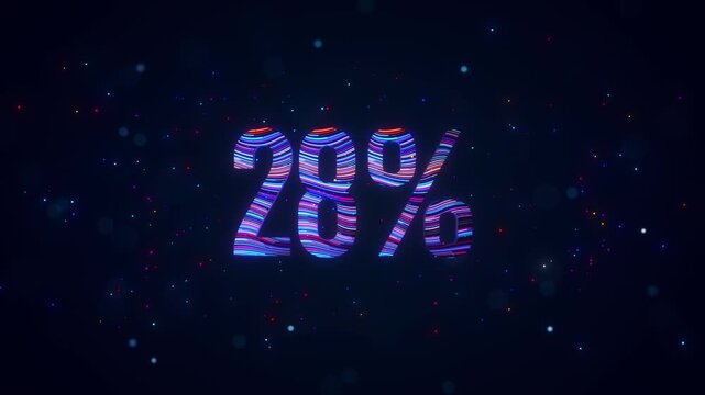 3D animation of futuristic 28 percent typography featuring rotating colorful blue and purple flowing lines, glowing particles, luminous bokeh, and vibrant digital energy against dark background.