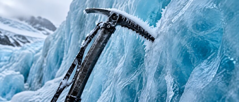 Climber ice axe planted firmly in blue serac wall with trailing leash