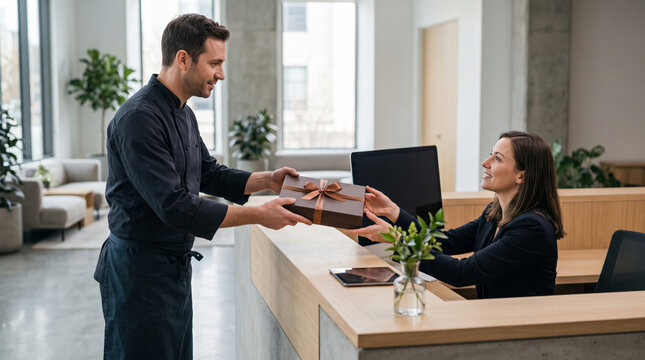 Chef presents a gift box to a smiling receptionist at a modern office reception desk