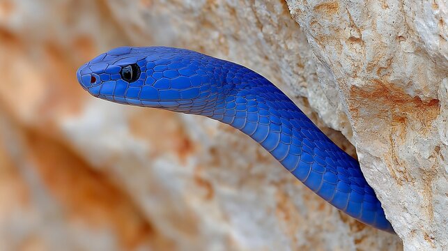 Vibrant blue snake head emerging from a rocky crevice